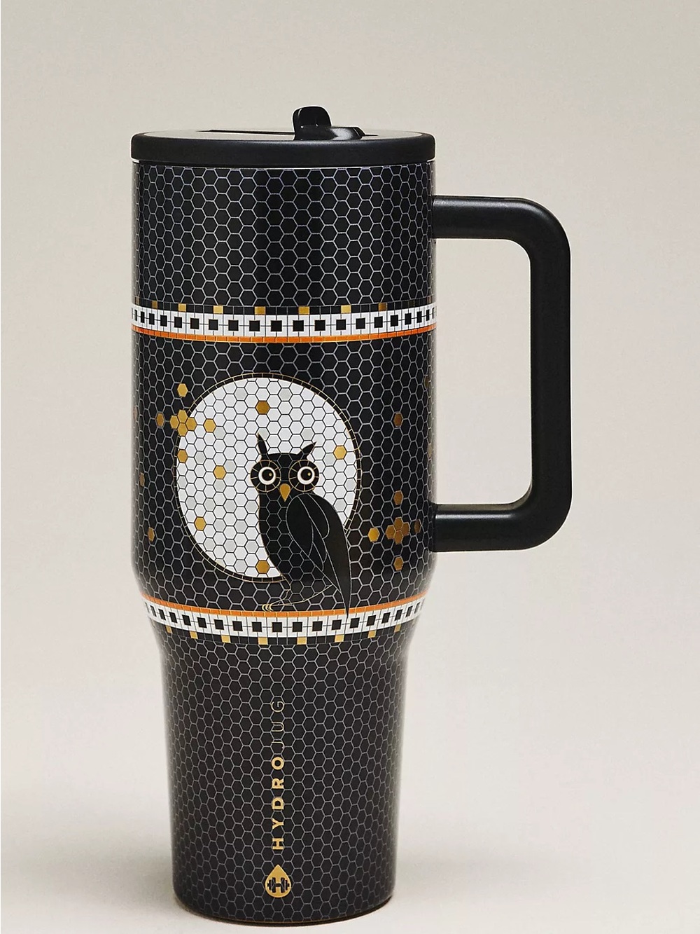 HydroJug Black and Gold Owl Travel Mug with Handle